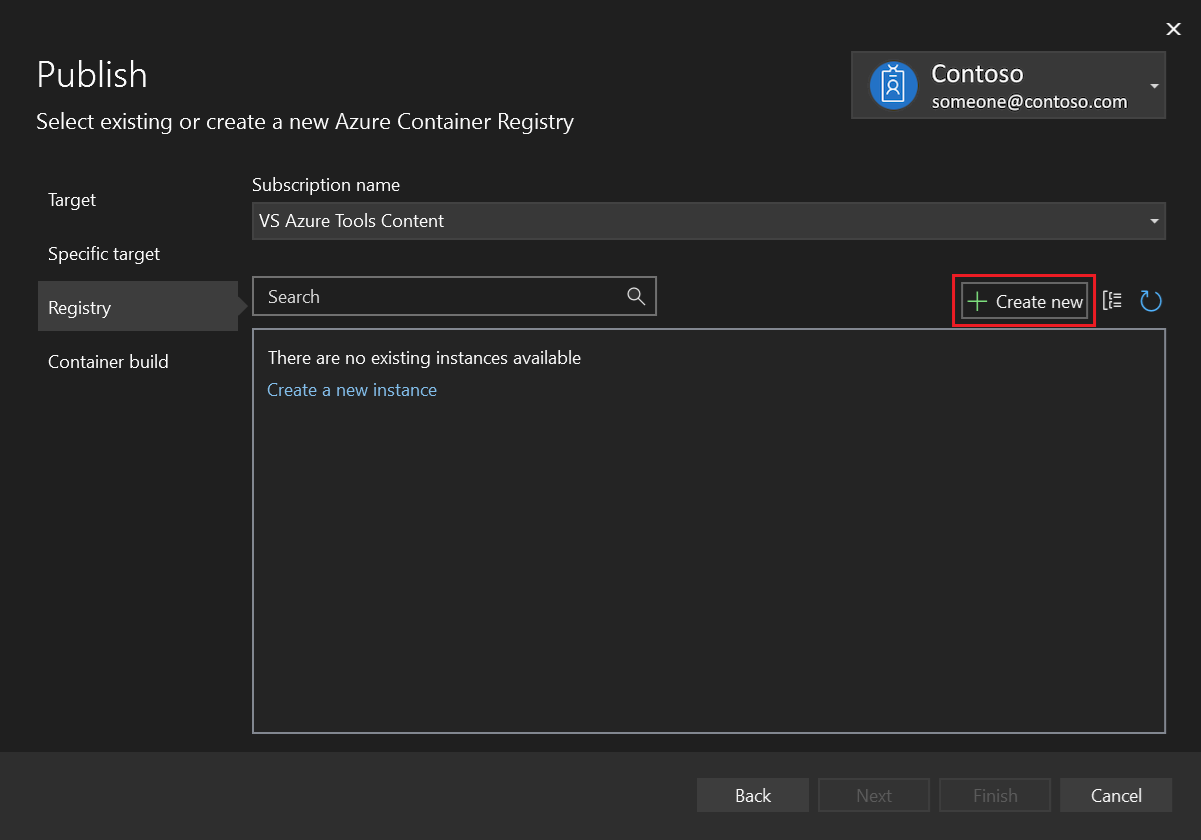 Screenshot: Dialogfeld Veröffentlichen mit Auswahl von Neue Azure Container Registry-Instanz erstellen