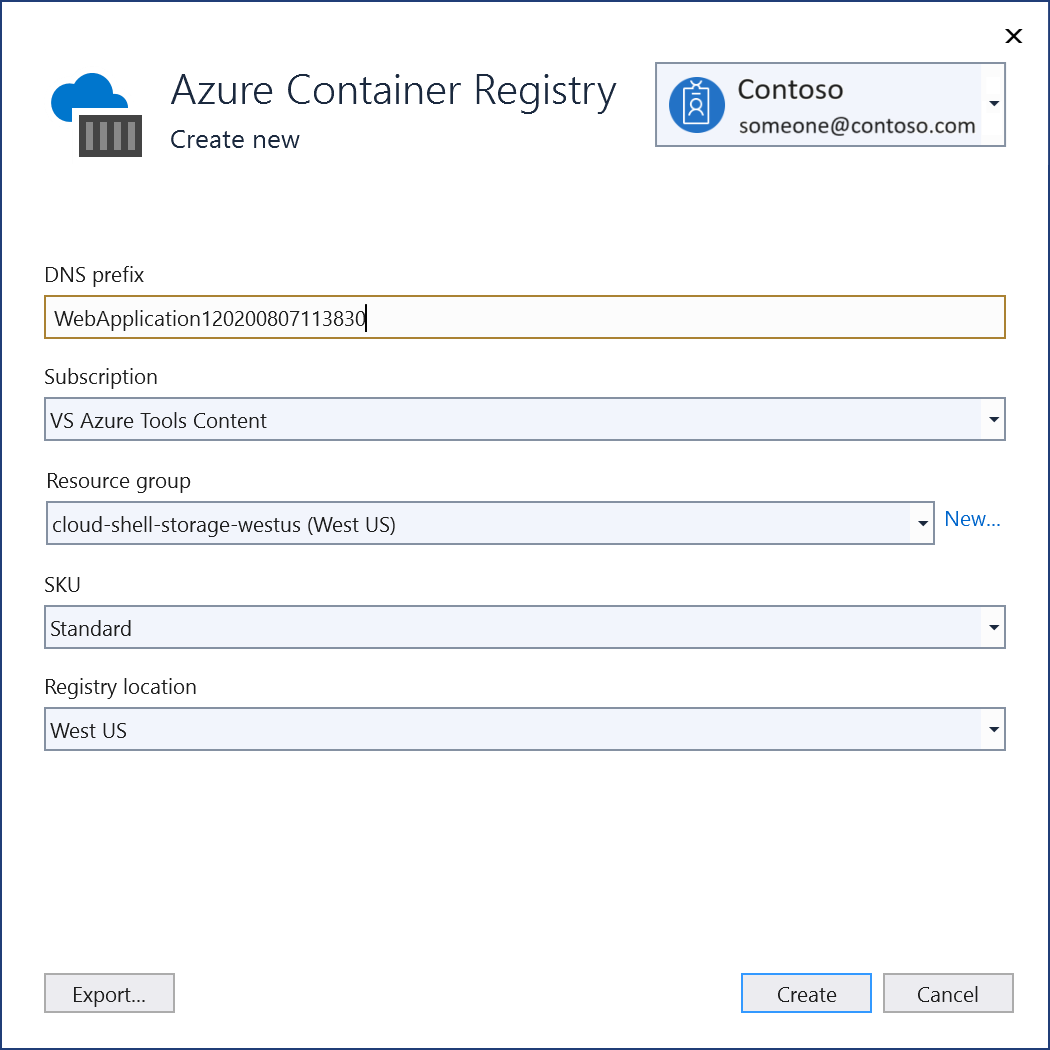 Screenshot: Visual Studio-Dialogfeld zum Erstellen einer Azure Container Registry-Instanz