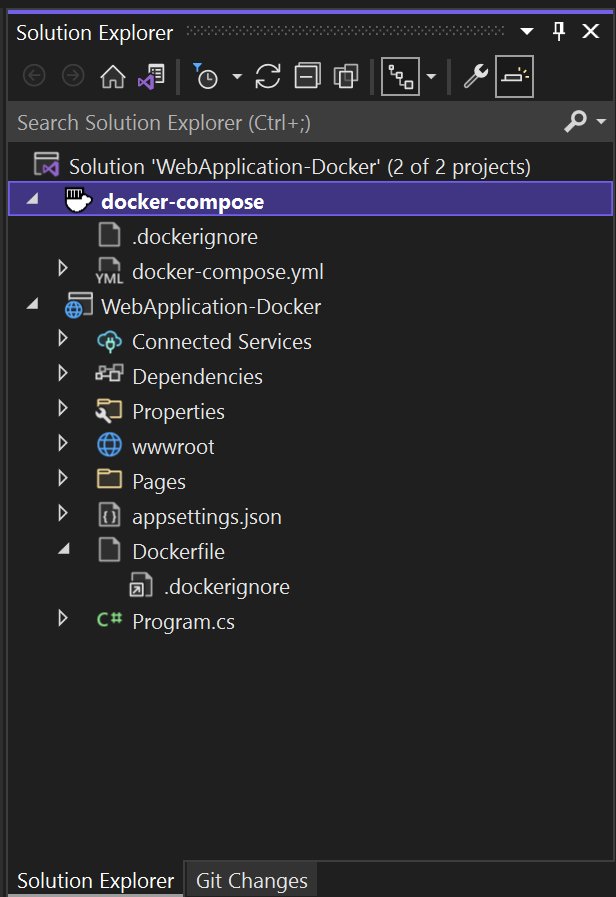 Screenshot: Docker-Dateien im Projektmappen-Explorer in Visual Studio