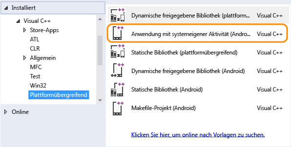 Screenshot mit einer Vorlage für ein Projekt mit nativer Aktivität.