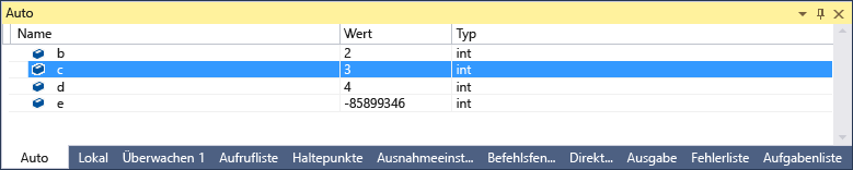 Screenshot des Fensters „Auto“, in dem die Zeile hervorgehoben ist, die den ganzzahligen Wert „c“ (int) mit einem Wert von 3 anzeigt.