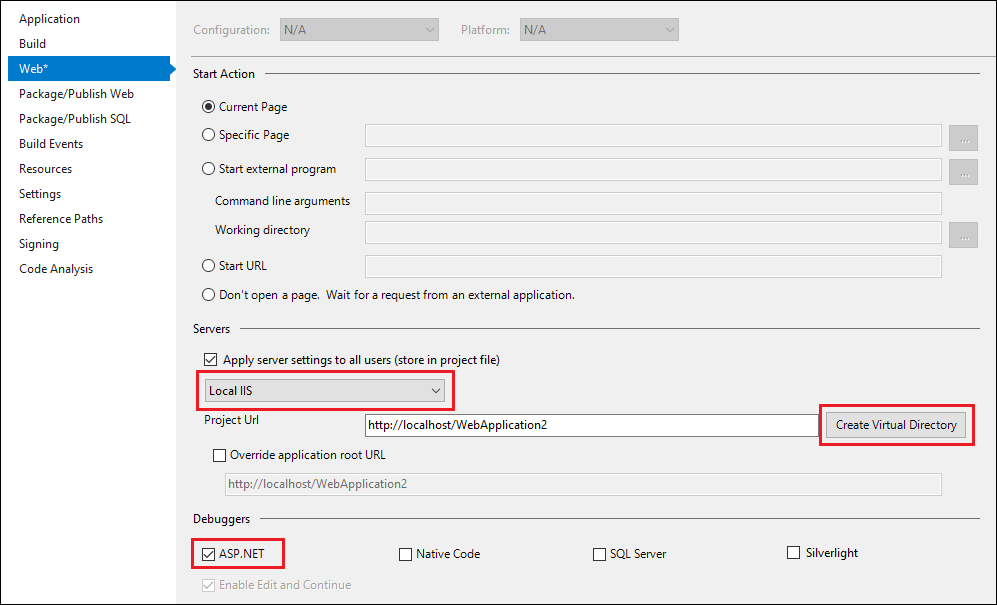 Screenshot, der ASP.NET-Debuggereinstellungen zeigt.