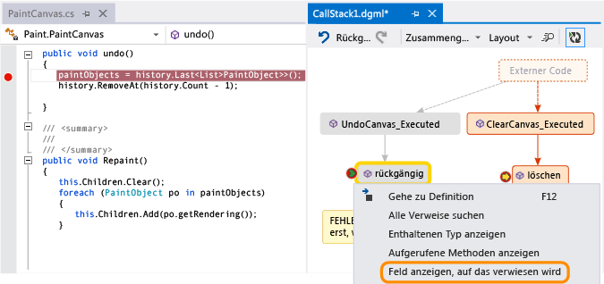 Show fields in a method on call stack code map