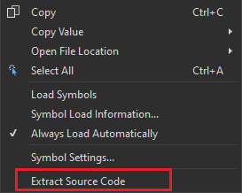 Screenshot des Kontextmenüs der Assembly im Fenster „Module“ mit dem Befehl zum Extrahieren des Quellcodes