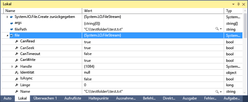 Screenshot des Fensters „Lokale Variablen“, wobei die Datei auf den Wert „System.IO.FileStream“ festgelegt ist.