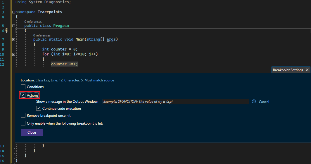 Screenshot of breakpoint window with Actions Box checked.