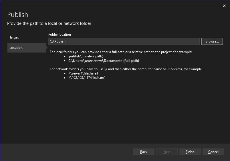 Screenshot des Dialogfelds „Veröffentlichungsziel auswählen“ in Visual Studio mit als Veröffentlichungsziel ausgewähltem Ordner „C:\Publish“.