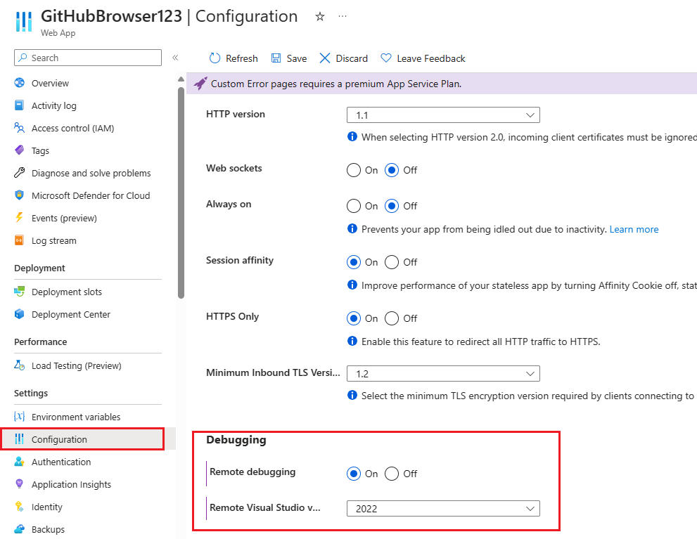 Screenshot: Einstellungen für das Remotedebuggen in Azure