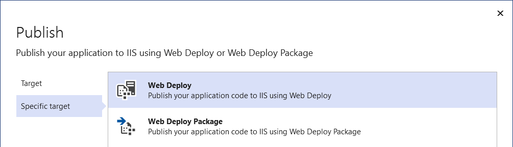 Screenshot: Option zum Veröffentlichen in IIS mit der Auswahl des Bereitstellungsmodus