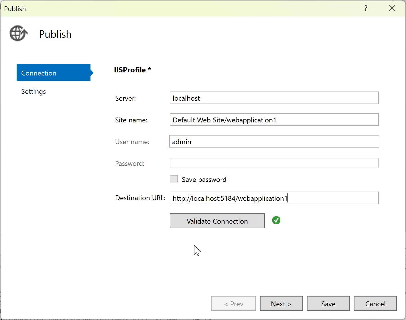 Screenshot: Bildschirm des Veröffentlichungs-Assistenten zum Veröffentlichen in IIS mit der Option „Web Deploy“