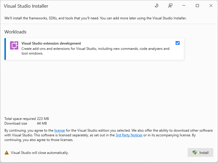 Screenshot mit dem Visual Studio-Dialogfeld zum Installieren der Erweiterungsentwicklungs-Workload.