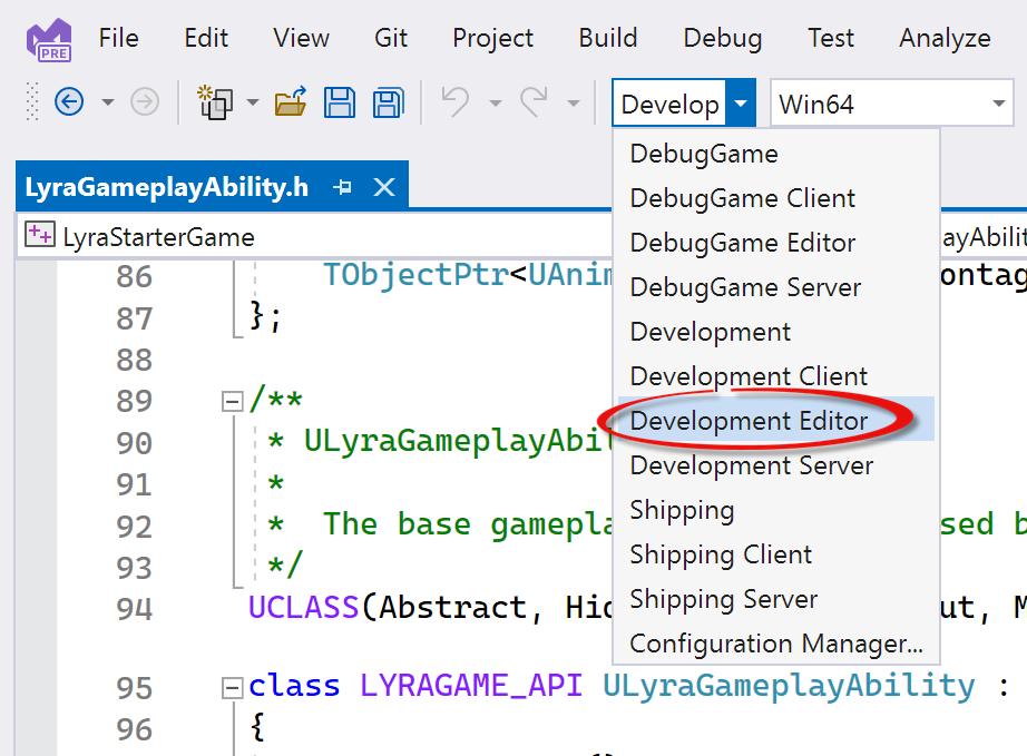 Screenshot von Visual Studio mit erweiterter Dropdownliste „Lösungskonfigurationen“ und ausgewähltem „Entwicklungseditor“.