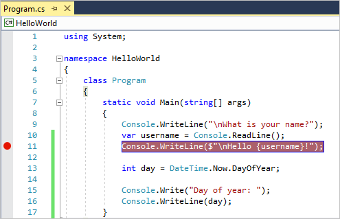 Screenshot: Haltepunkt in einer Codezeile in Visual Studio