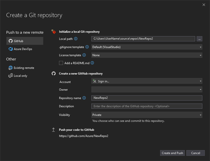 Screenshot: Dialogfeld „Git-Repository erstellen“ in Visual Studio mit hervorgehobener Auswahl von GitHub