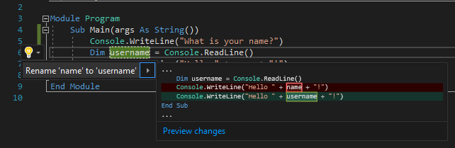 Screenshot: Aktion „Umbenennen“ in Visual Studio