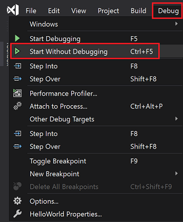 Screenshot: „Debuggen“ > „Ohne Debuggen starten“