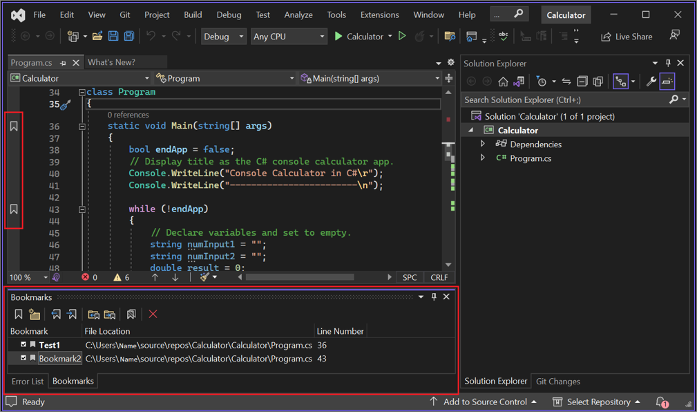 Screenshot des Fensters „Lesezeichen“ in Visual Studio, dem Lesezeichen hinzugefügt wurden