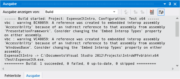 Screenshot of build warning in Output Window for Visual Basic.