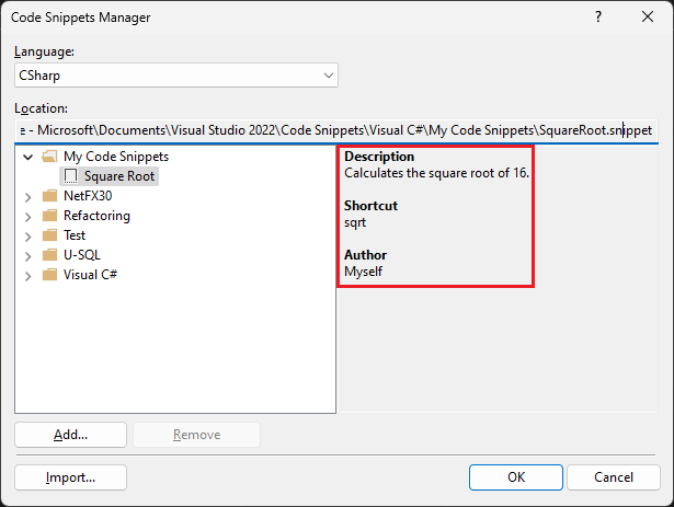 Beschreibung für Codeausschnitte im Codeausschnitt-Manager