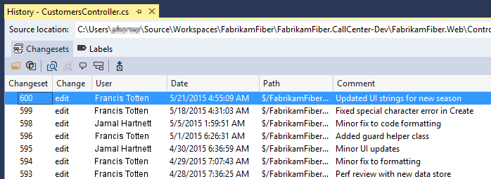 Verlaufsfenster für alle Codeänderungen