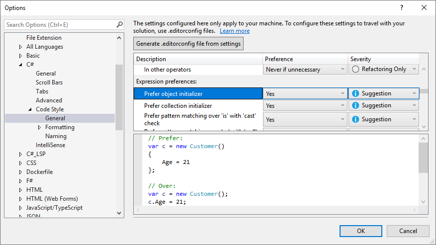 Screenshot der Codeformatoptionen.