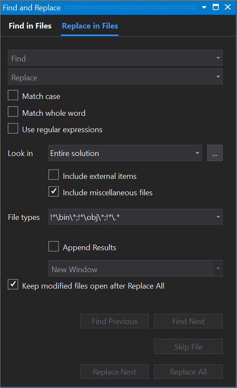 Screenshot: Dialogfeld „Suchen und ersetzen“ in Visual Studio 2019 mit geöffneter Registerkarte „In Dateien ersetzen“