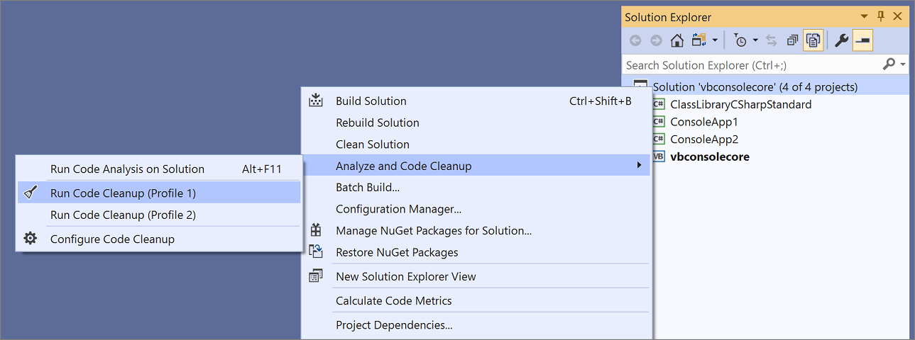 Screenshot: Ausführen der Codebereinigung für ein gesamtes Projekt oder eine gesamte Projektmappe.