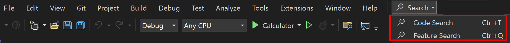 Screenshot der All-In-One-Suchfunktion in der Menüleiste von Visual Studio.