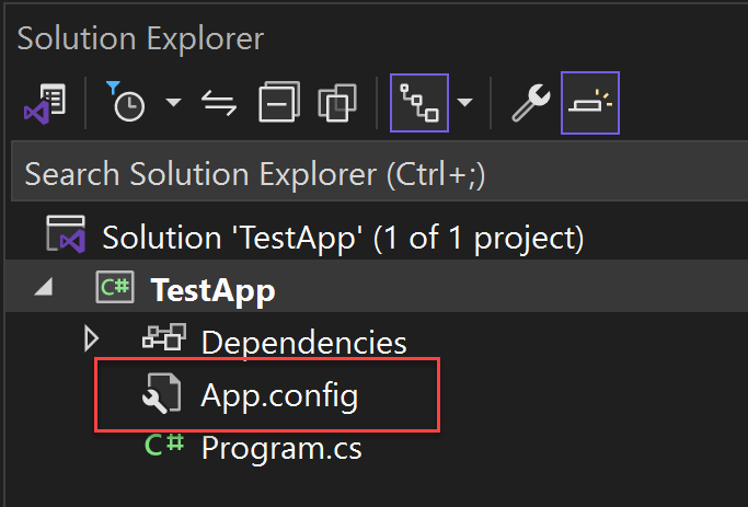 Screenshot: Datei „app.config“, die Ihrem Projekt hinzugefügt wurde