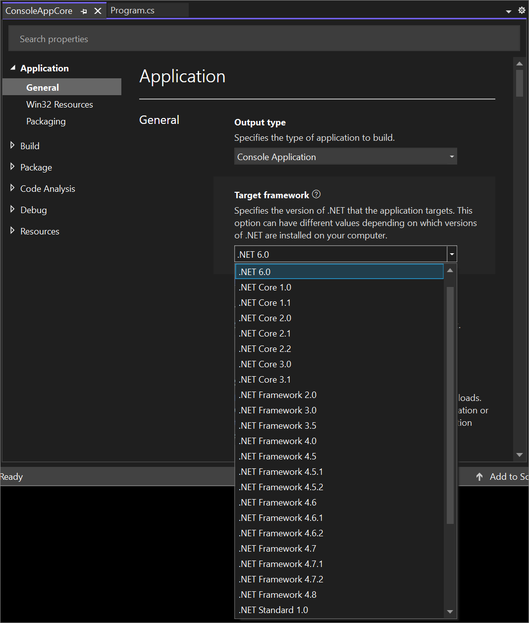 Screenshot der Zielframeworkversionen für ein .NET Core-Projekt in Visual Studio 2022.