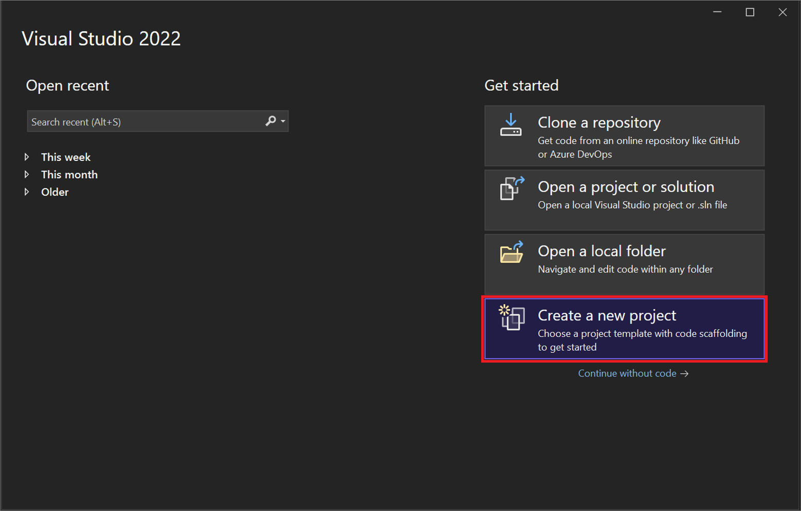 Screenshot: Dialogfeld „Neues Projekt erstellen“ im Startfenster von Visual Studio 2022