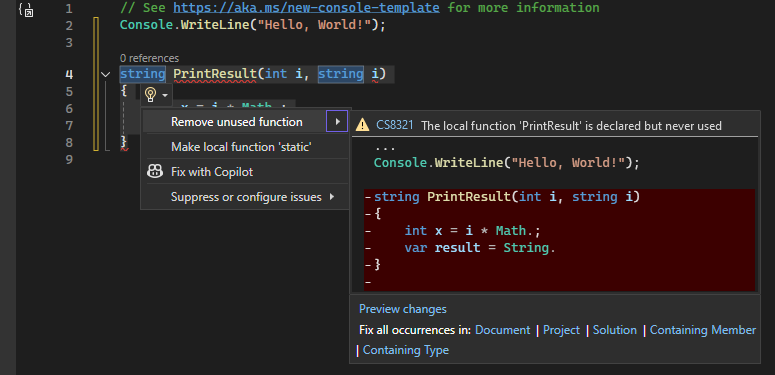 Screenshot mit dem Glühbirnensymbol in Visual Studio, das Details zu empfohlenen schnellen Aktionen anzeigt.