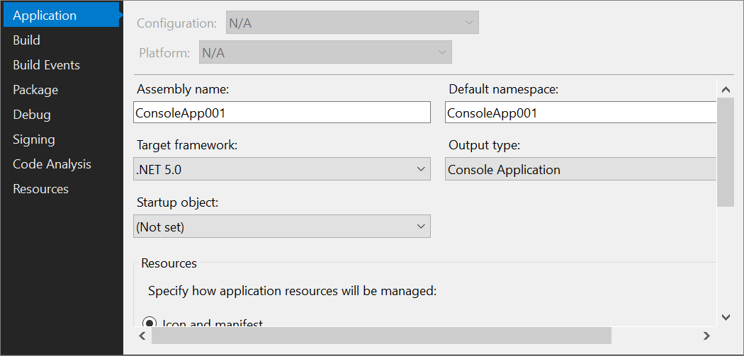 Screenshot des Project Designer in Visual Studio 2019 mit .NET als Zielframework.