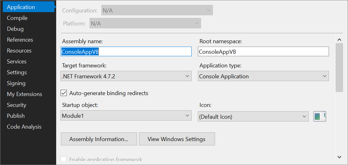 Screenshot des Project Designer in Visual Studio 2019 mit .NET Framework als Zielframework.