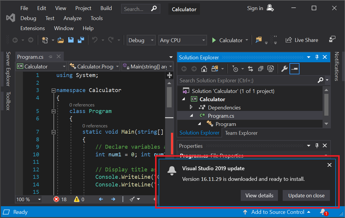 Screenshot: Meldung „Visual Studio 2019 Update“ in der IDE.