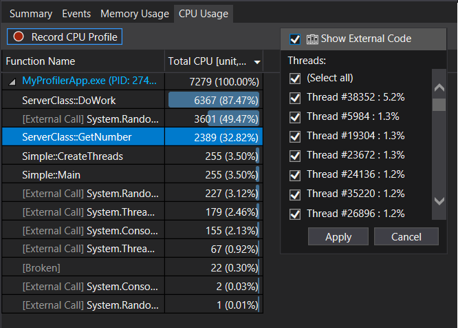 Screenshot that shows Choose Filter View, then Show External Code.