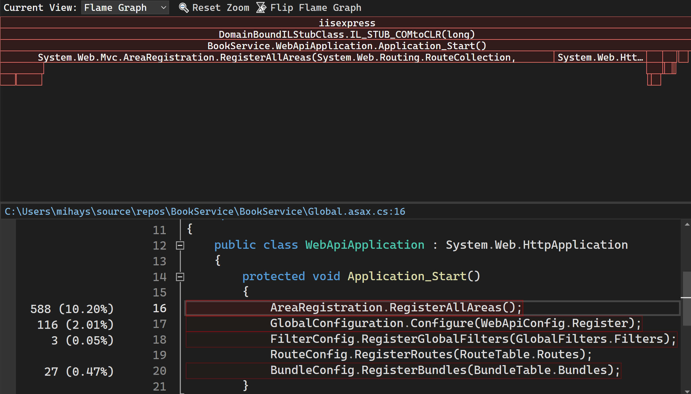 Screenshot mit Flammendiagramm und angezeigten QuickInfos.