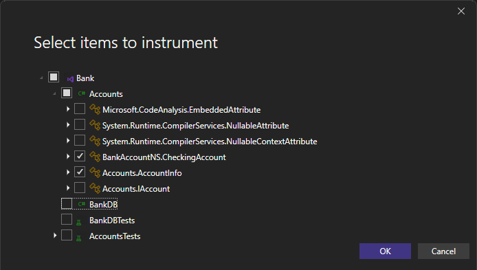 Screenshot mit Dialogfeld „Zu instrumentierende Elemente auswählen“