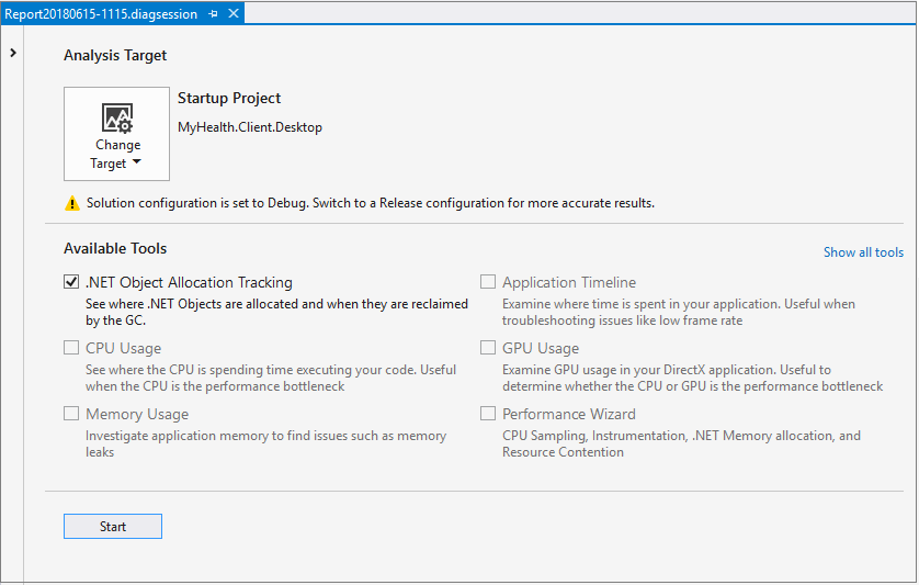 Startseite des Leistungs-Profilers