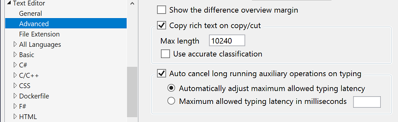 Visual Studio-Optionen für Eingabelatenz