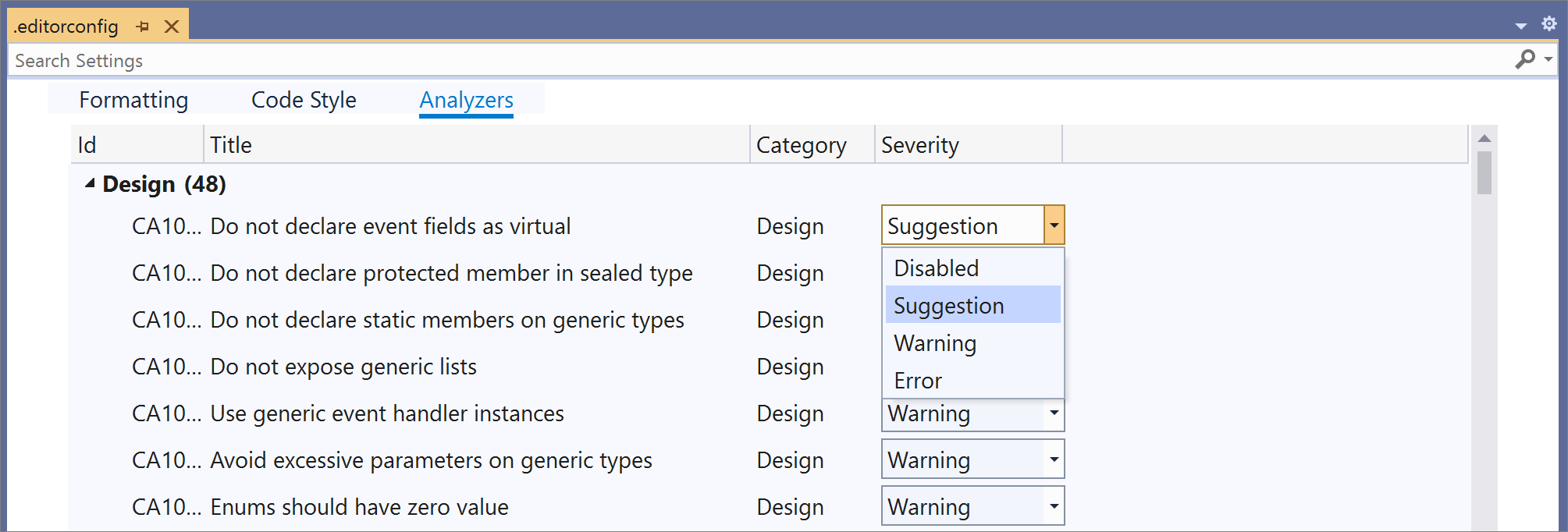 EditorConfig Benutzeroberfläche (UI)