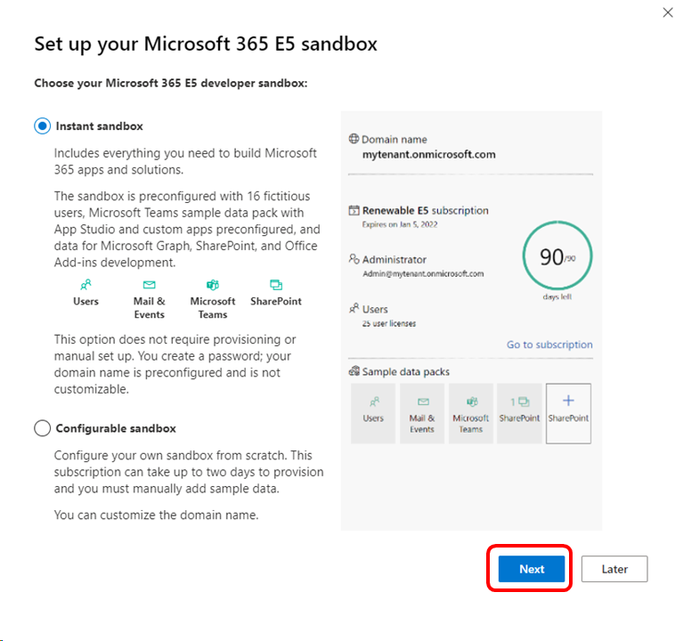 Sandboxauswahl für Microsoft 365-Entwickler