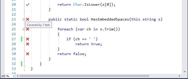 Live Unit Testing-Informationen zu einem nicht erfolgreichen Test