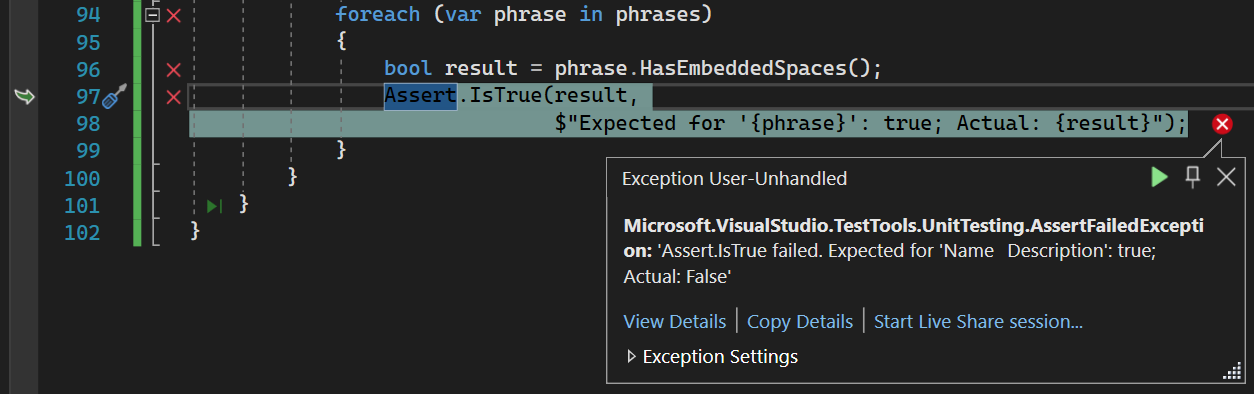 Ausnahmedialogfeld in Live Unit Testing