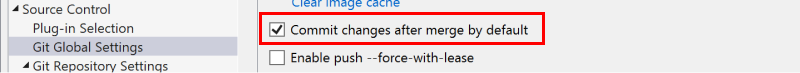 Screenshot: Kontrollkästchen „Änderungen nach Mergevorgängen standardmäßig committen“ im Dialogfeld „Optionen“.