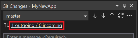 Das Fenster „Git Changes“ mit hervorgehobenem Linktext „ausgehend/eingehend“ in Visual Studio 2022.