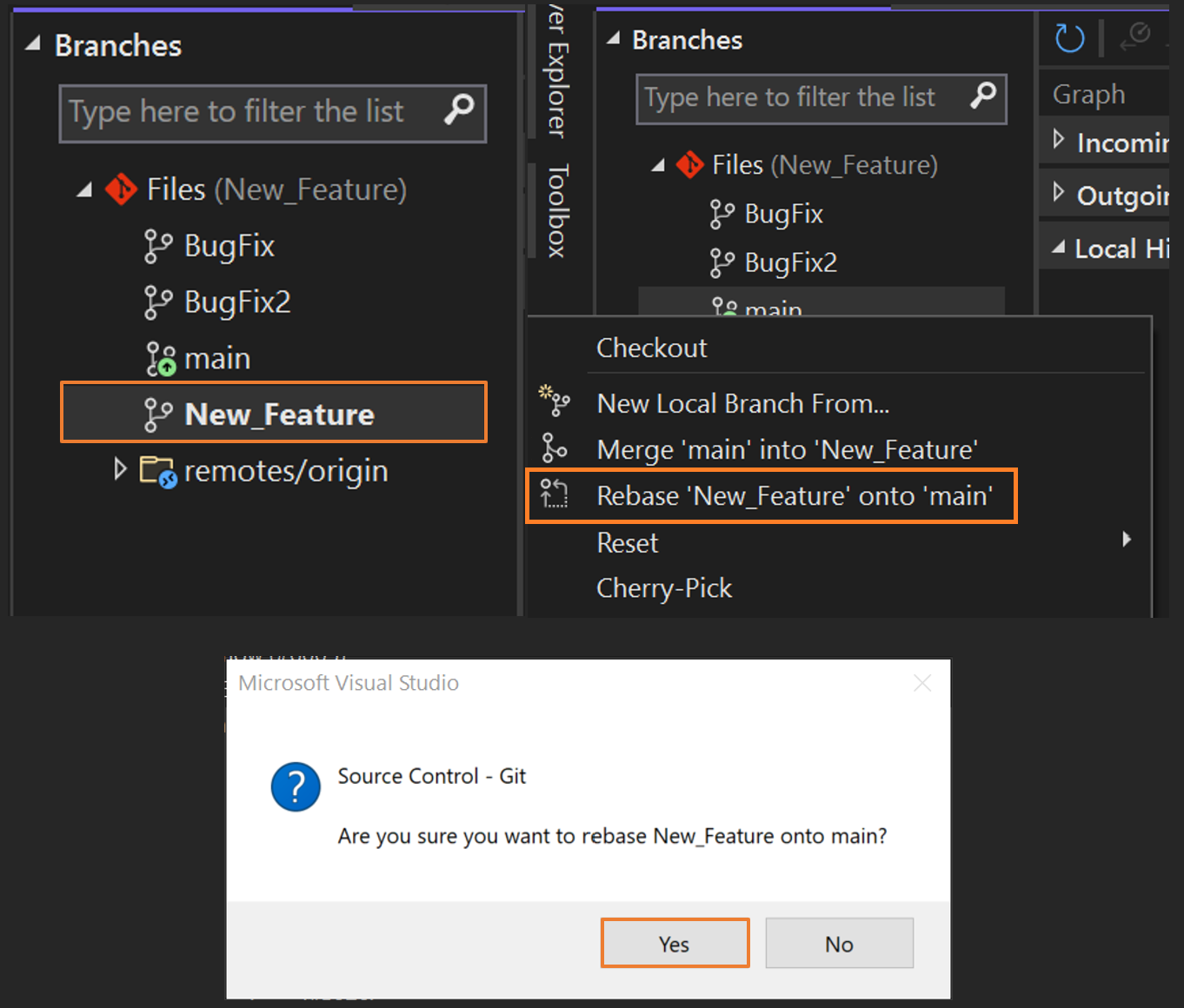 Screenshot eines Rebase von Branches in Visual Studio.