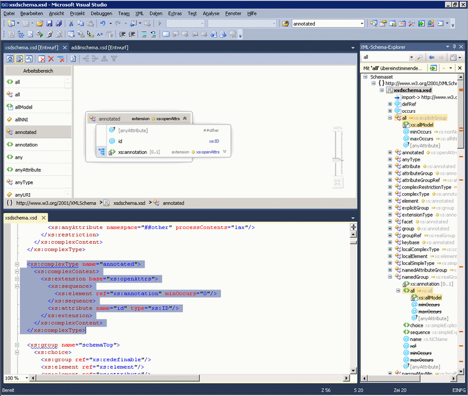 Screenshot of a Visual Studio project showing the View Designer pane, the XML Editor pane, and the XML Schema Explorer pane.