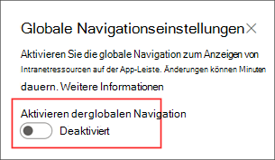 Screenshot des Orts, an dem die globale Navigationsoption im Einstellungsbereich aktiviert wird.