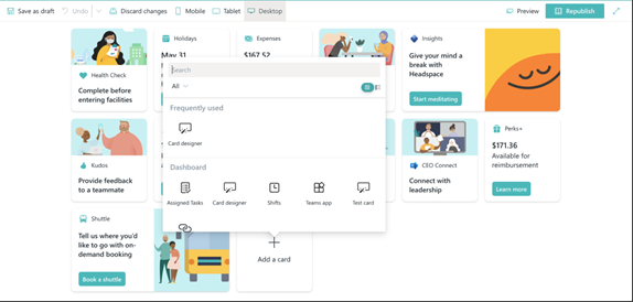 Screenshot des Viva Connections-Dashboards im Bearbeitungsmodus.